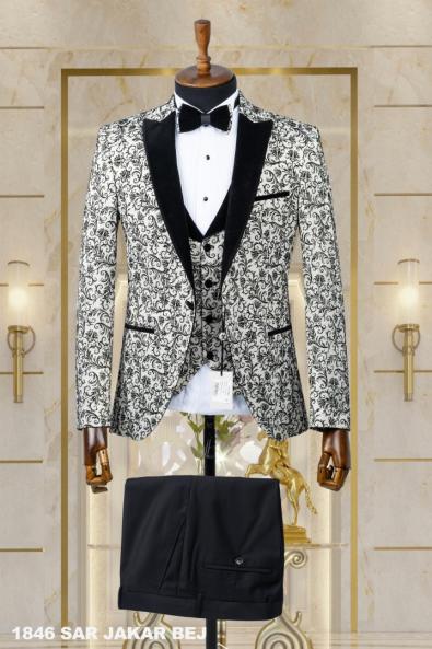 Jacquard Men's Wedding Suit Beige