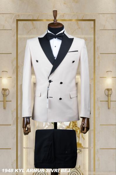 Double Breasted Men's Wedding Suit Beige