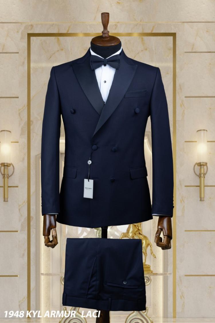 Double Breasted Men's Wedding Suit Navy Blue