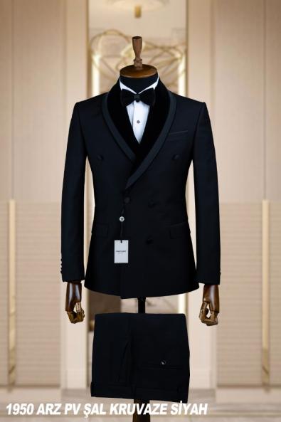 Double Breasted Men's Wedding Suit Black