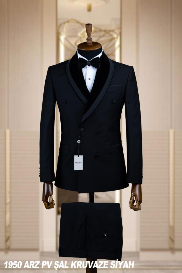 Double Breasted Men's Wedding Suit Black