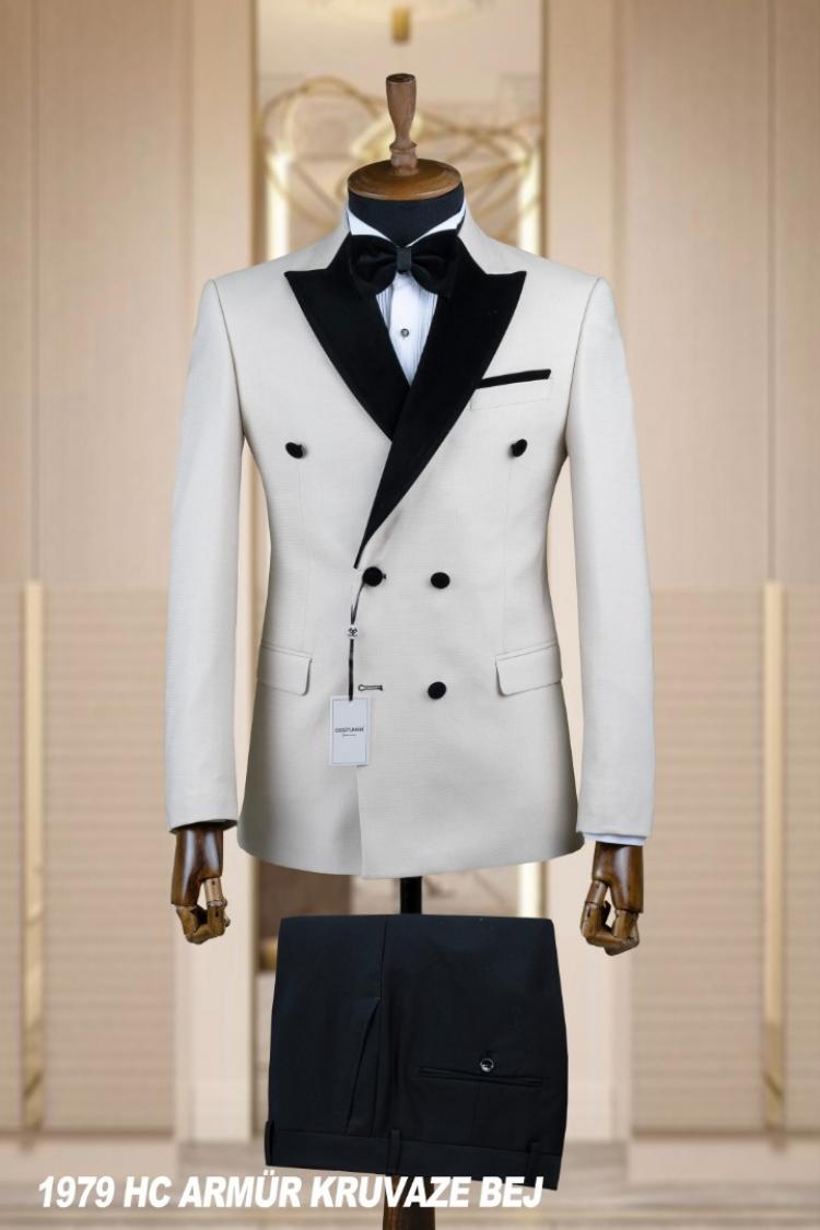 Double Breasted Men's Wedding Suit Beige